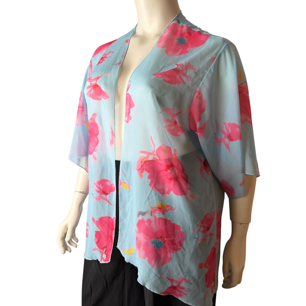 Womens Floral Kimono Wrap Sheer Chiffon Blue Pink Tropical Beach Cover Up OS